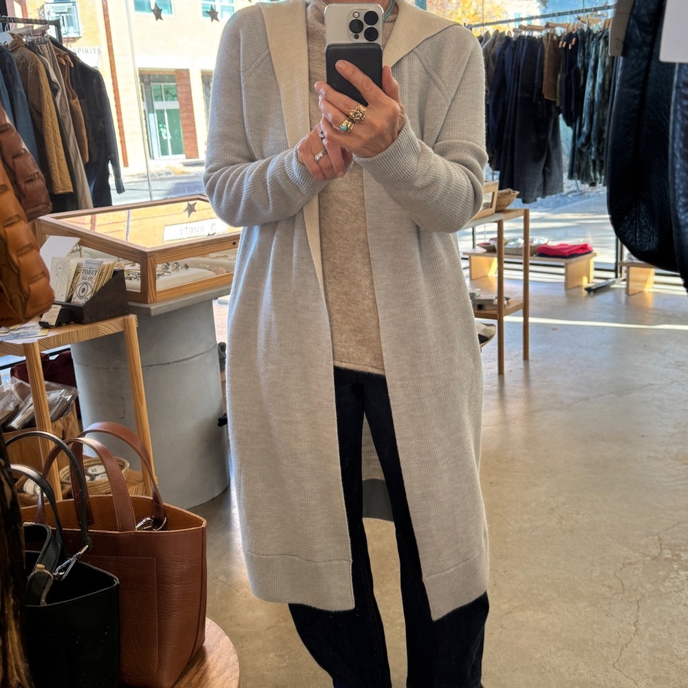 Athleta Gray and Creme Women's Long Hooded Merino Wool Cardigan Small
